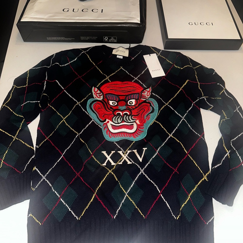 Gucci Black Sweater with Red and Green Pattern
